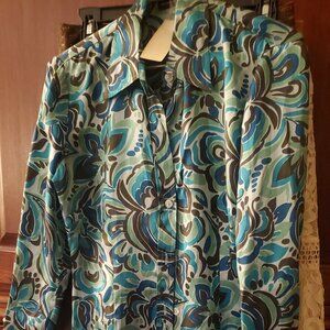 NWT / New Multi-patterned blues / greens / browns100 % silk blouse